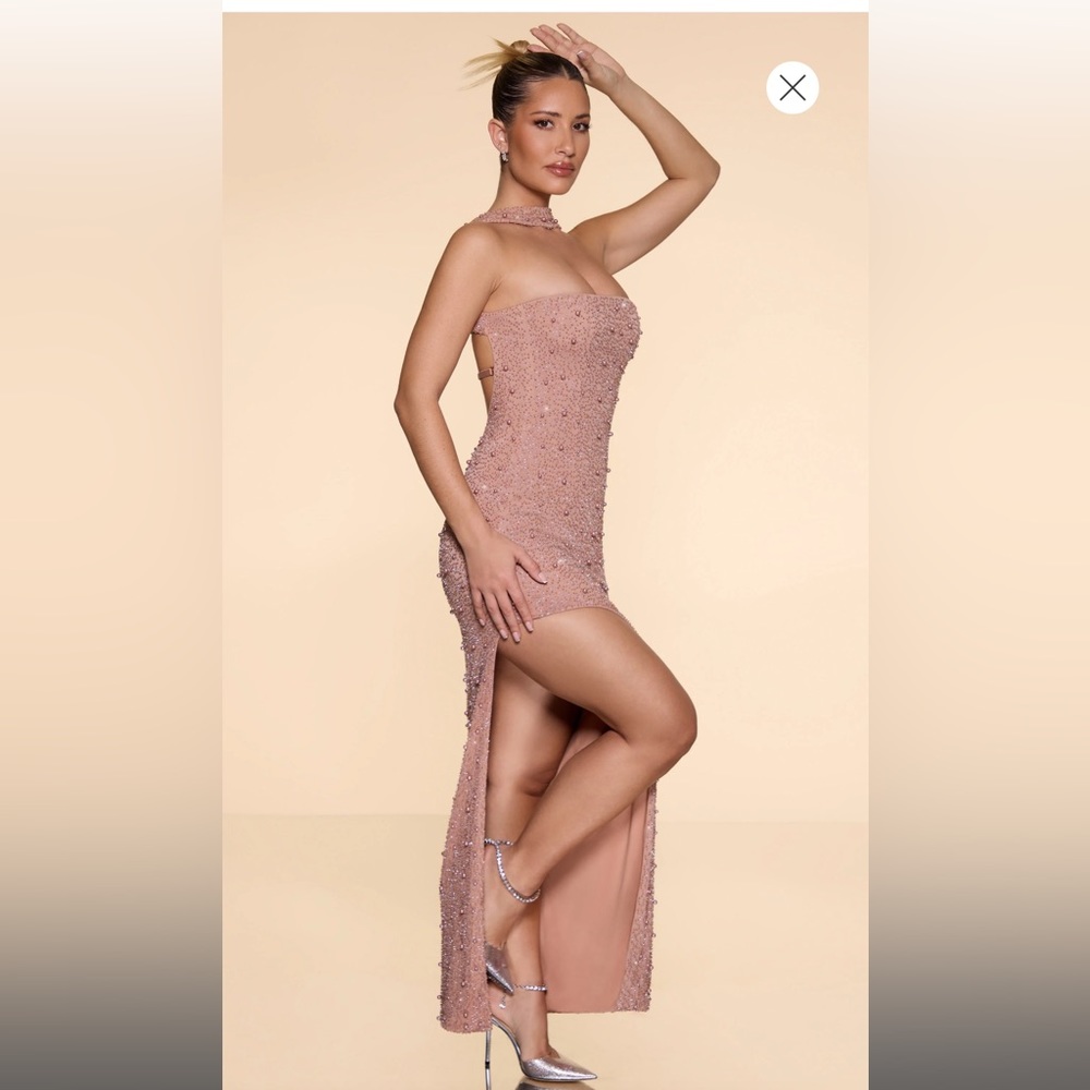 OH POLLY Embellished Bandeau Maxi Dress in Beige  size - 10